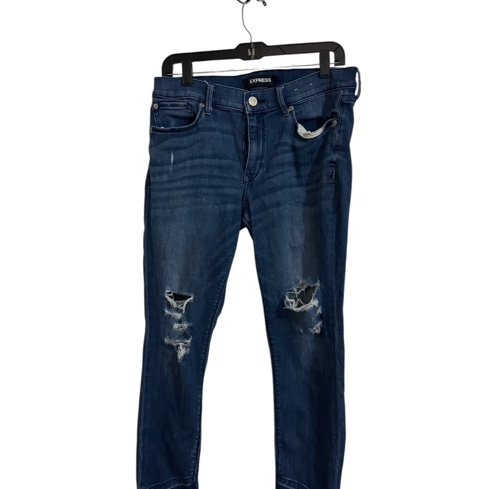 Express Women's Dark Blue Distressed Jeans